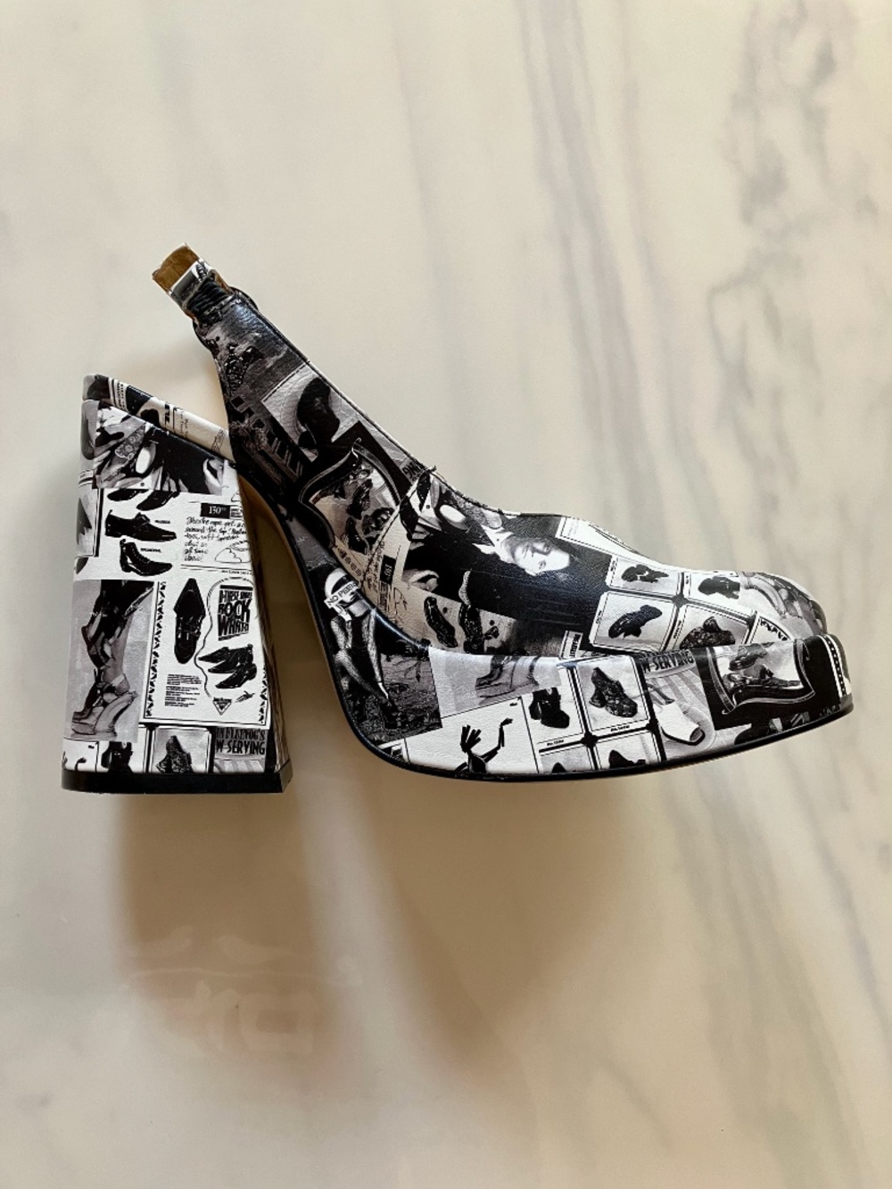 WITH BOX John Fluevog Ternura Newsprint Slingback Platform Heels 10 - Picture 3 of 8